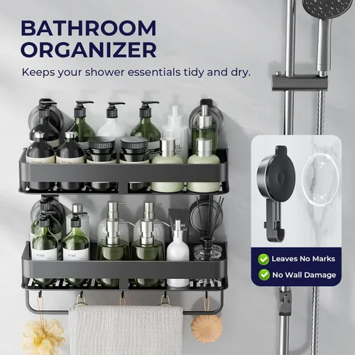 Miniatura 5 de Organizador de ducha esquinero, con ventosa y ganchos, organizador de baño de aluminio inoxidable sin perforaciones, estantes para decoración