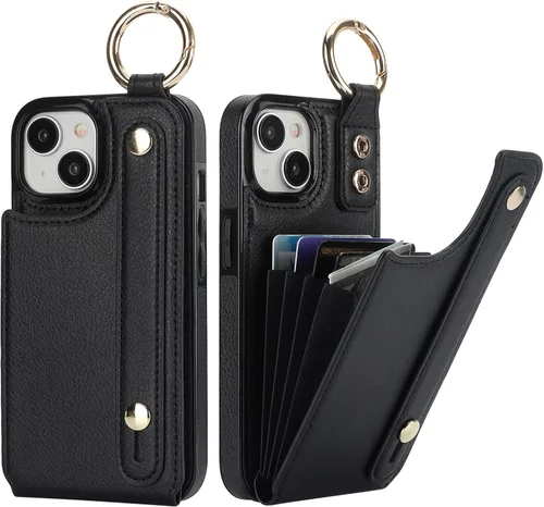 Folosu Funda tipo cartera para iPhone 15 con tarjetero, correa de mano para la muñeca, soporte de bucle, bloqueo RFID, anillo de agarre de dedo de