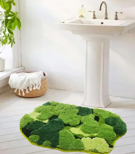 Miniatura 2 de Hifuwan Lindas Alfombras de Baño de Musgo Verde Shag, Tapetes de Baño de Hojas para Decoración de Baño Estética, Hojas Suaves Antideslizantes
