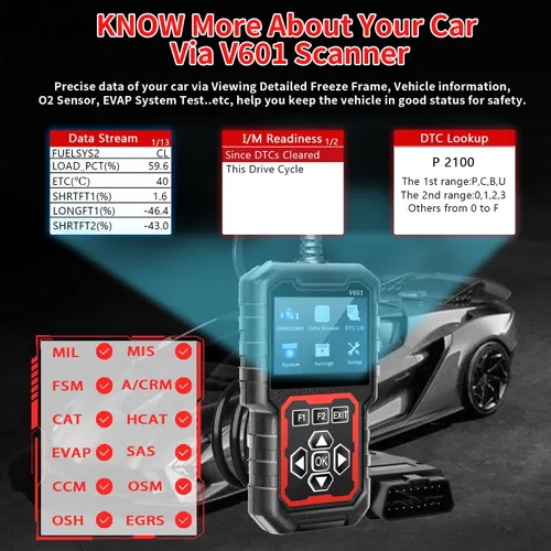 Miniatura 7 de V601 Escáner de Diagnóstico Profesional OBD2 - Lector Rápido de Códigos de Luz de Verificación del Motor, Probador de Voltaje, Preparación I/M