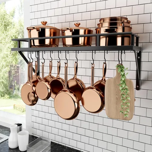 Miniatura 10 de KES Estante para ollas de cocina de 24 pulgadas montado en la pared, organizador de almacenamiento con ganchos, estante de pared en mate negro