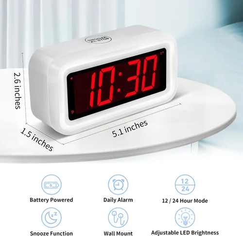 Miniatura 2 de Reloj despertador, reloj digital, modo nocturno automático, brillo LED de 3 niveles, funciona con pilas, 12/24 horas, pantalla de dígitos rojos