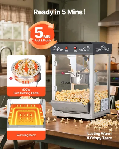 Miniatura 4 de VEVOR Máquina de palomitas de maíz, hervidor de acero inoxidable de 8 onzas, máquina comercial de palomitas de maíz de 800 W, 48 tazas por lote Negro