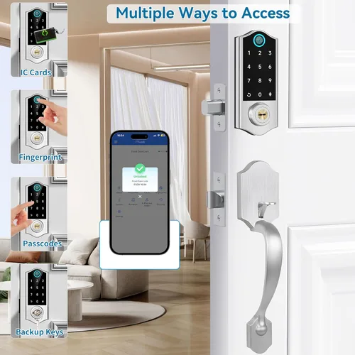 Miniatura 2 de Cerradura Inteligente de Puerta Delantera con Lector de Huellas Dactilares y Manija, Control por Aplicación, Cerradura Sin Llave, Teclado Táctil