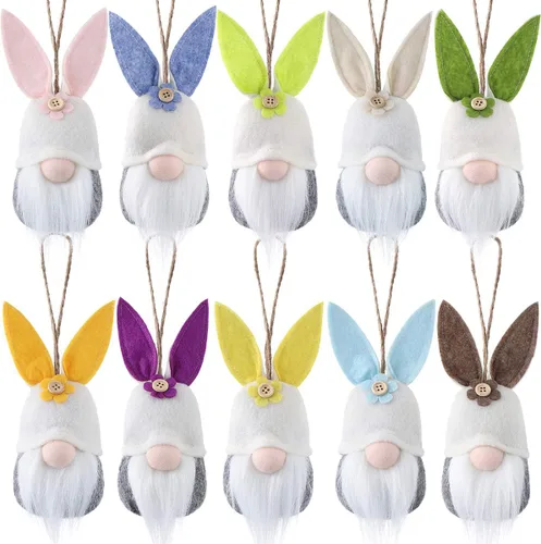 Juego de 10 adornos de conejo colgantes de Pascua, gnomos coloridos de conejo de peluche para decoración de árbol