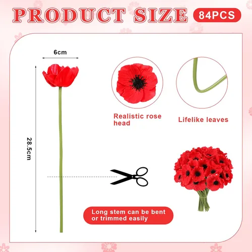 Miniatura 2 de Censen 84 piezas de flores artificiales de amapola roja de poliuretano realistas de seda de 11 pulgadas, tallos de amapola y anémona, flores falsas