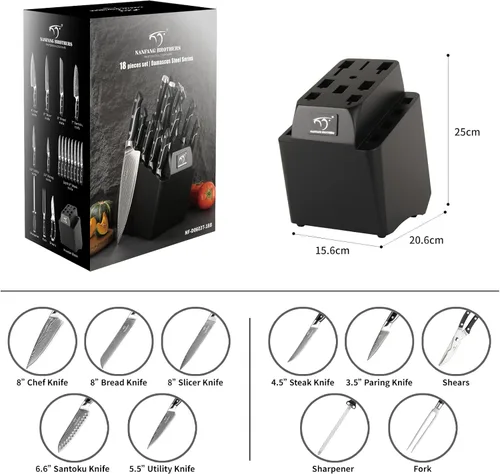 Miniatura 9 de Juego de cuchillos de cocina de Damasco de 18 piezas, 8 cuchillos de carne, mango ergonómico de ABS antideslizante triple remache para tenedor