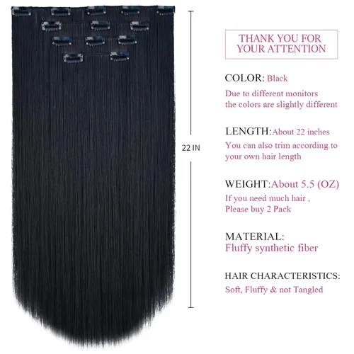 Miniatura 3 de SYXLCYGG Extensiones de cabello negro lacio, 4 piezas, extensiones de cabello con clip de 22 pulgadas, 5.5 onzas, pieza de cabello sintético