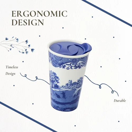 Miniatura 7 de Spode Taza de viaje de porcelana italiana azul de 8 onzas con tapa – Vaso con estampado escénico con borde decorativo – Taza de café de cerámica