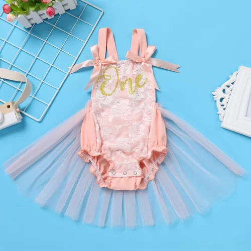 Miniatura 64 de Traje de bebé niña primer cumpleaños traje de encaje tul mameluco princesa tutú vestido de un año cumpleaños pastel Smash fotografía ropa