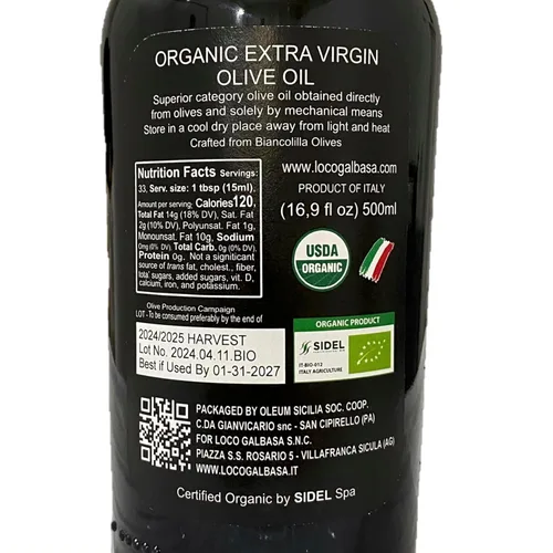 Miniatura 2 de Galbasa - Aceite de oliva orgánico de Sicilia, Italia - Virgen extra, primer prensado en frío, cosecha temprana - Rico en polifenoles, acabado