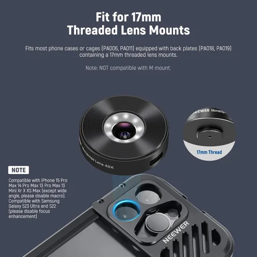 Miniatura 5 de NEEWER Lente gran angular HD de 18mm 100° para placa posterior de lente con rosca de 17mm, aumento de 0.5X Compatible con SmallRig NEEWER iPhone