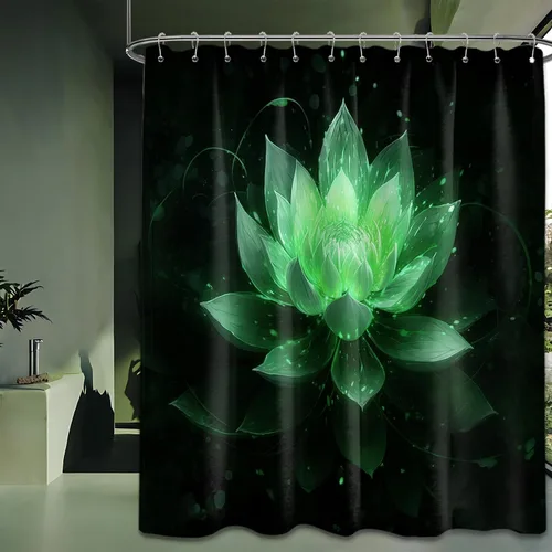 Miniatura 38 de Cortina de ducha con flores de loto negro y azul para decoración de baño, juego de cortinas decorativas de baño con estampado floral, tela