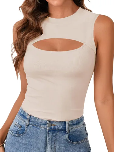 Miniatura 21 de Vrtige Camiseta sin mangas sexy con cuello redondo para mujer, de punto acanalado, sin mangas, ajustada