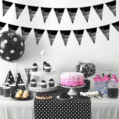 Miniatura 4 de Decoraciones negras de 65 pies con purpurina triangular, banderines de banderines metálicos para Navidad, graduación, boda, compromiso, despedida