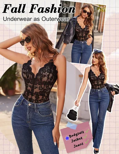 Miniatura 7 de Avidlove - Body de encaje sexy lencería de una pieza para mujer escote en V profundo
