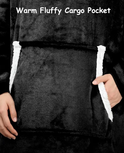 Miniatura 4 de Sendowtek Manta Vestible para Mujeres y Hombres, Sudadera Larga Sherpa con Capucha y Bolsillo Grande, Manta con Capucha Cómoda de Gran Tamaño, Negro