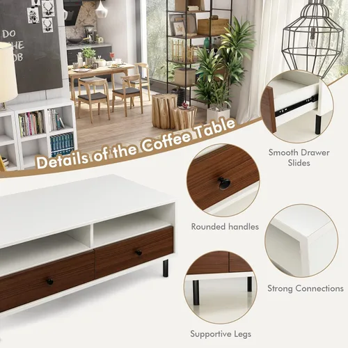 Miniatura 5 de Giantex Mesa auxiliar rectangular de madera, mesa central moderna de 2 niveles con 2 cajones, 2 estantes de almacenamiento, fácil montaje, soporte