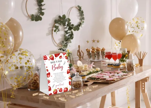 Miniatura 4 de Juego de bebé de fresa con texto en inglés "Don't Say Baby Show", paquete de un letrero de 5 x 7 pulgadas y 50 mini pinzas naturales para la ropa