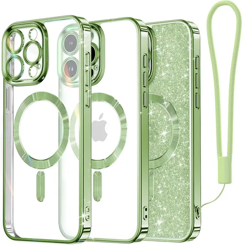 Meifigno Candy Mag Series - Funda diseñada para iPhone 15 Pro, compatible con MagSafe, tarjeta con purpurina y correa de muñeca, protección completa