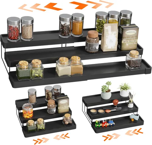 Organizador de especias expandible – Organizador de especias ajustable de 3 niveles para gabinete y encimera – Fácil visibilidad – Negro