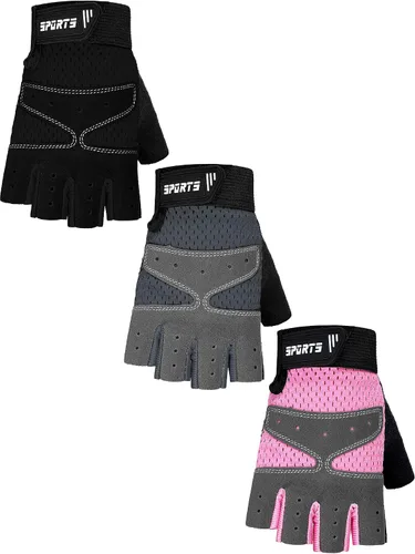 SATINIOR - 3 pares de guantes de medio dedo para niños, guantes de ciclismo antideslizantes con gel, ajustables, para niñas y niños