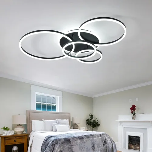 Miniatura 6 de Lámpara de techo LED moderna de 90W regulable con control remoto, 5 anillos, lámpara de techo empotrada, candelabro acrílico negro LED para sala