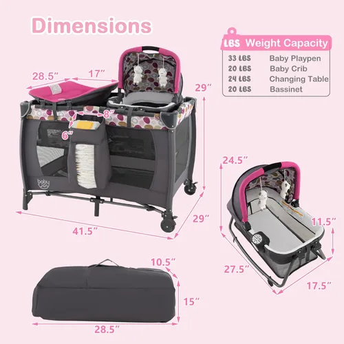 Miniatura 9 de HONEY JOY Empaca y juega con el moisés, paquete central de guardería infantil y juega con cuna y juguetes colgantes para recién nacidos, bolsa