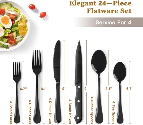 Miniatura 2 de Astercook Juego de 24 piezas de cubiertos negros con cuchillos de carne, juego de cubiertos para 4, juego de cubiertos de acero inoxidable de grado
