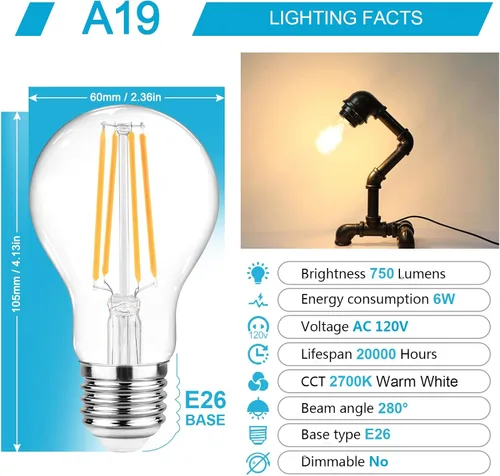 Miniatura 2 de Ascher - Bombillas de filamento LED E26, equivalentes a 60 W, luz blanca cálida de 2700 K, no regulables, vidrio transparente clásico, bombillas LED