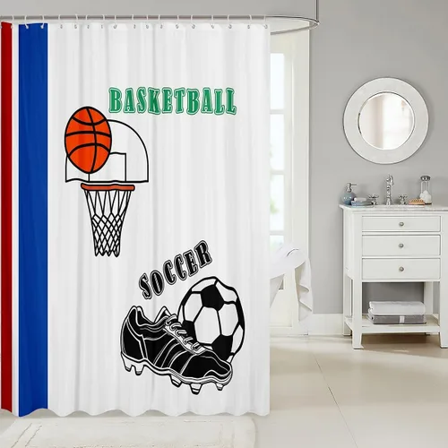 Miniatura 2 de Cortinas de ducha para niños, juegos de pelota de deportes, zapatos de baloncesto y fútbol, cortinas de baño simples y elegantes para niñas, niños