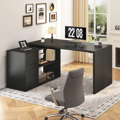 HSH - Escritorio negro en forma de L con cajones y estantes, escritorio giratorio de 360 grados para oficina en casa, escritorio de esquina de