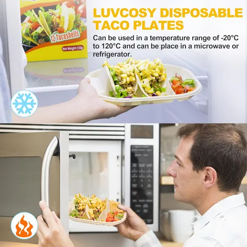 Miniatura 3 de LUVCOSY Paquete de 50 Soportes Desechables para Tacos con Compartimentos para Salsas, Platos Biodegradables de Almidón de Maíz para Tacos