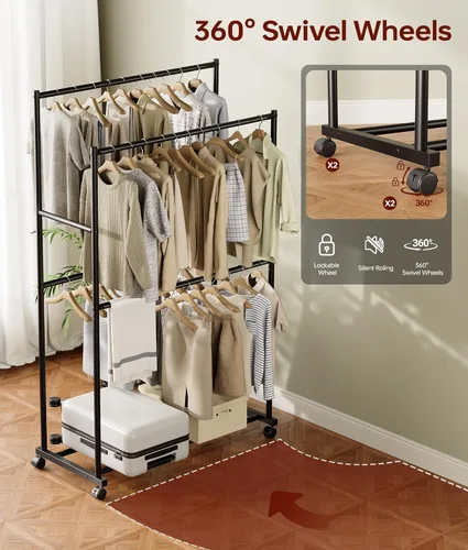 Miniatura 5 de Perchero de ropa de 36.2 x 21.3 x 72 pulgadas, 4 barras de doble barra de metal con ruedas para colgar ropa, perchero portátil con ruedas para Negro