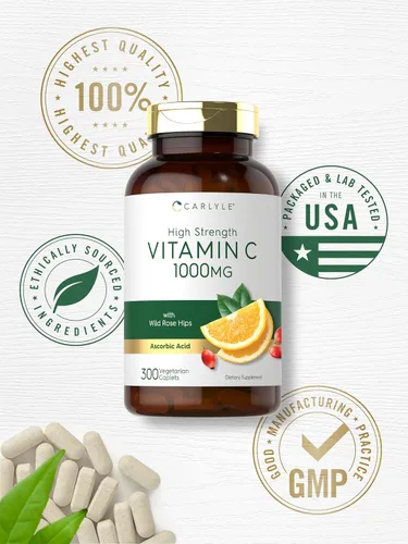 Miniatura 5 de Carlyle Vitamina C 1000mg 300 Cápsulas vegetales vegetarianas Ácido ascórbico con escaramujos silvestres Fórmula de alta potencia Suplemento