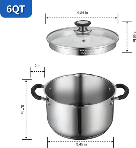 Miniatura 6 de SLOTTET Olla de Caldo de Acero Inoxidable de 6 Cuartos con Tapa de Vidrio con Colador, Olla de Sopa de 6 Qt Multiusos con Pico Vertedor, Mango