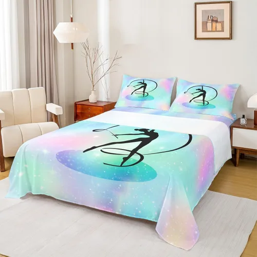 Miniatura 39 de Juego de sábana bajera ajustable de teñido anudado para niñas, juego de ropa de cama con diseño de arco iris degradado de arcoíris, lindo juego