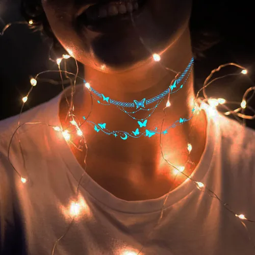 Miniatura 7 de Tatuajes Temporales de Estrella Luminosa Azul y Luna Creciente para Mujeres Clavícula Niñas Adultos Cuello, 4 Hojas Mariposa Planeta Encaje Sexy