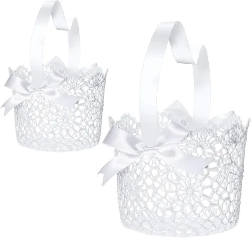 Miniatura 6 de Boao 2 cestas blancas para niña de las flores con asa, cestas de flores de boda con lazo de satén para ceremonia de boda, pétalos, colección