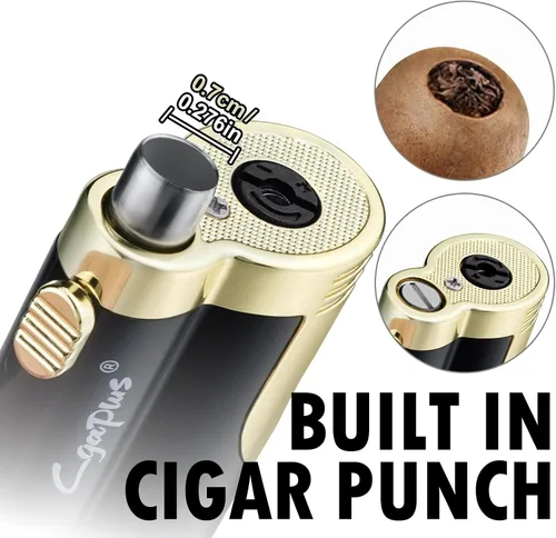 Miniatura 2 de GUEVARA Encendedor de Antorcha de Butano con Punzón a Prueba de Viento de Doble Chorro (Negro-Dorado) Dual jet flame, windproof, butane refillable