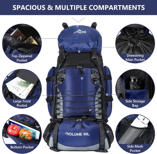 Miniatura 3 de Mochila de senderismo de 90L, bolsa de camping impermeable con cubierta de lluvia, mochila ligera para mochileros, sin marco Azul