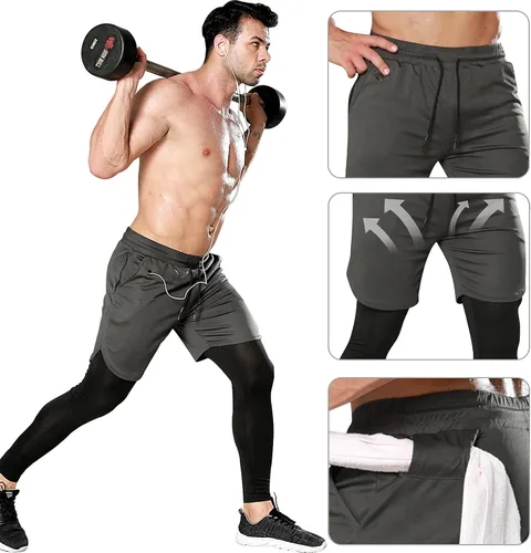 Miniatura 5 de OEBLD Pantalones deportivos 2 en 1 para hombre, de secado rápido, pantalones cortos de entrenamiento para gimnasio, pantalones de compresión