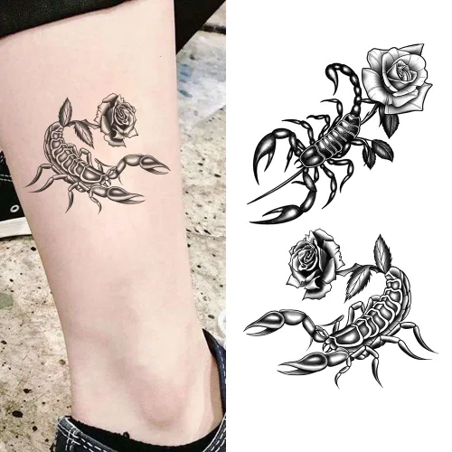 Miniatura 8 de Juego de 2 calcomanías pequeñas de tatuaje temporal – Diseño de tótem de escorpión negro aterrador de Halloween para mano, cuello, cara, muñeca