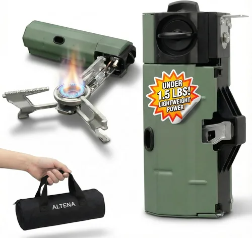 Altena - Estufa de gas butano portátil para acampar, cocinar al aire libre y en interiores, quemador individual compacto y ligero con bolsa de
