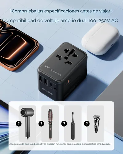 Miniatura 9 de MOMAX Adaptador de viaje universal 6 en 1, adaptador de corriente internacional GaN 70W, 3 USB-C PD de carga rápida y 2 USB-A QC, 1 AC, adaptador