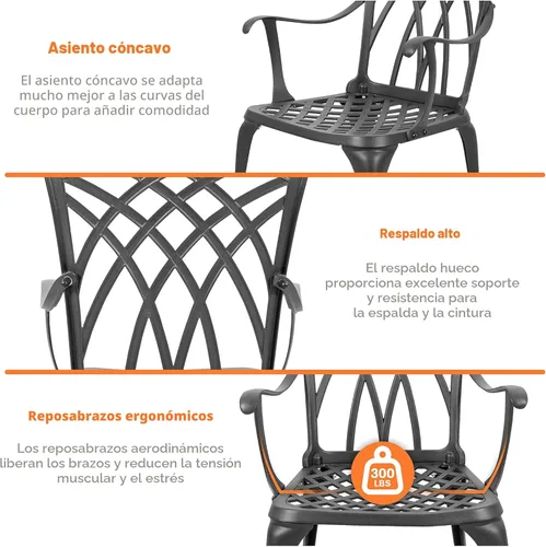 Miniatura 5 de NUU GARDEN Juego de mesa y sillas de aluminio fundido para patio, 3 piezas, con agujero para paraguas, juego de 2 unidades para patio, color negro