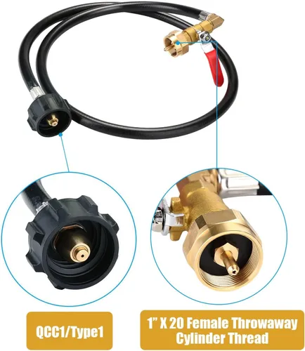 Miniatura 2 de WADEO Manguera adaptadora de recambio de propano – Manguera de extensión de 48 pulgadas con válvula de control de encendido/apagado, incluye 2 tapas