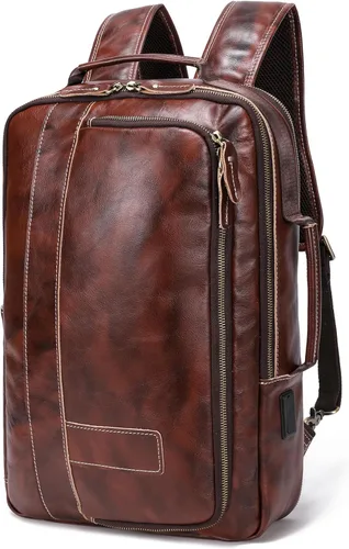 Miniatura 11 de Lannsyne Mochila de cuero de grano completo expandible 15.6 para computadora portátil, bolsa de viaje de hombro marrón, Marrón, L, Portátil