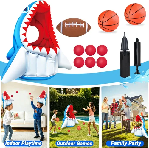 Miniatura 2 de Juguetes inflables de tiburón, juegos de piscina 3 en 1 de tiburón, baloncesto y fútbol y aro de cabeza, juguetes de piscina al aire libre, verano