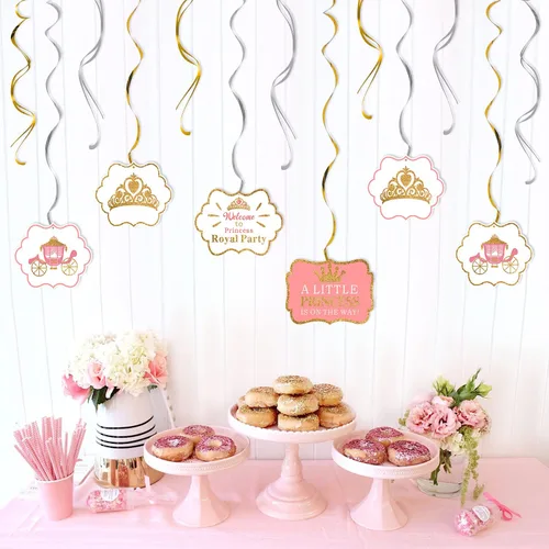 Miniatura 6 de LINGTEER A Little Princess Royal Crown Pink Swirls Streamers – 12 piezas de decoración de fiesta de cumpleaños de princesa para bebé, niña, regalo